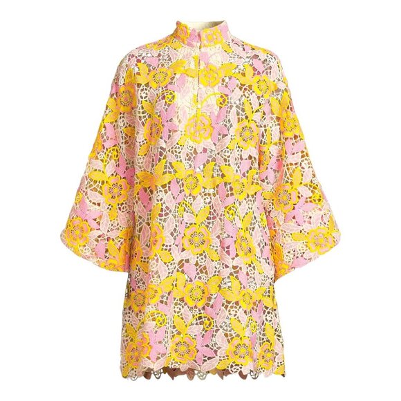 LaVie Style House Pink Yellow Floral Embroidered Lace Mini Caftan/Dress, o/s - Picture 5 of 12